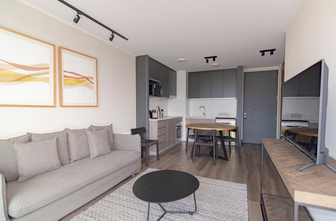 gallery-4 Elegant modern living space with grey couch, minimalist decor, and open kitchenette.